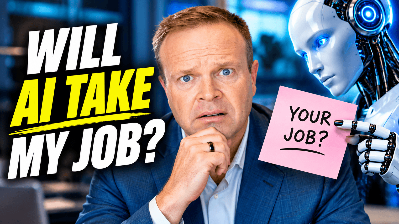 Dale Dixon looking uncertain with his hand on his chin under the words Will AI Take My Job, while a humanoid robot points to a pink sticky note reading Your Job