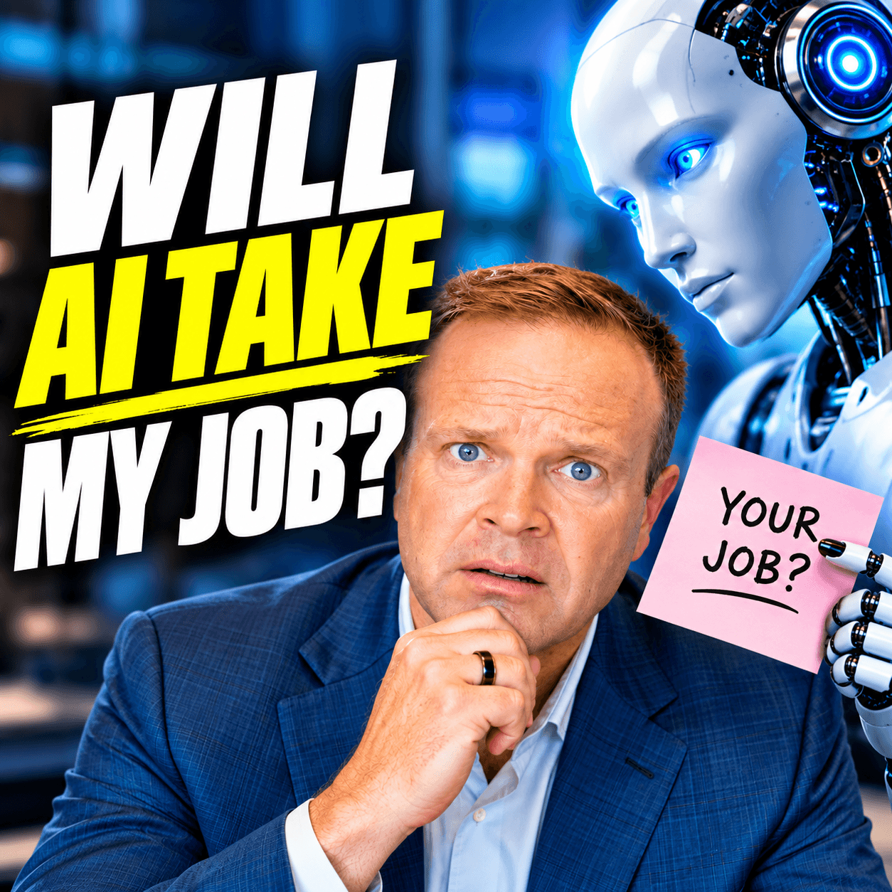 Dale Dixon in a blue blazer with his hand on his chin and a concerned look, beside the words Will AI Take My Job, as a humanoid robot holds a pink sticky note reading Your Job